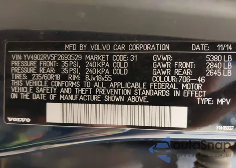 2015 Volvo Xc60 T6 Platinum из США, поврежденный, VIN YV4902RV5F2693529